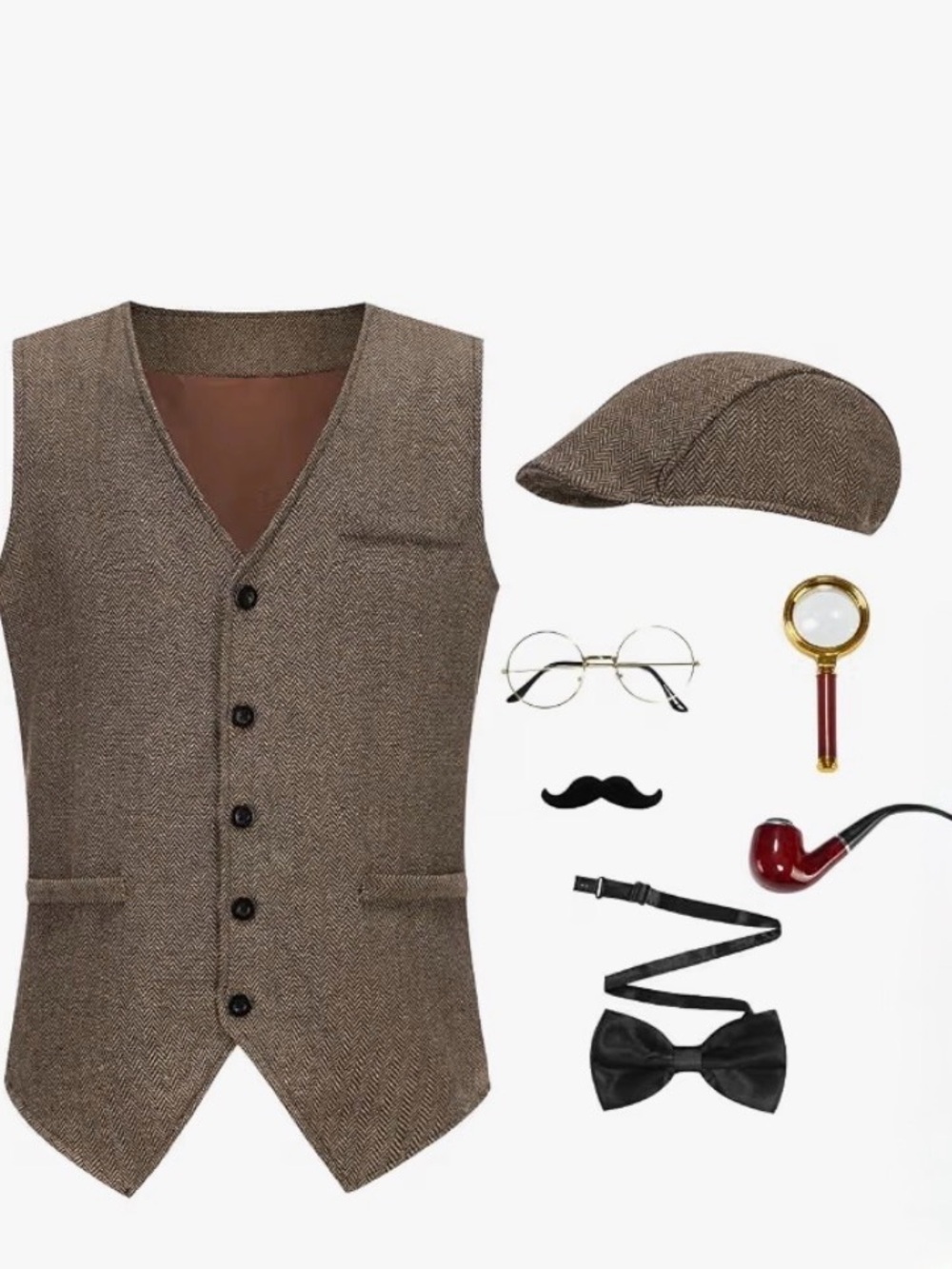 Adult Detective Costume 7PCS Set for Mens Halloween Cosplay